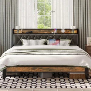 Bed Frames, Storage Headboard with Outlets
